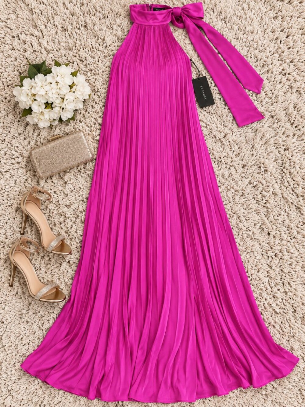 XSCAPE Fuchsia Pleated Halter Open Back Formal Gown Size 10 NWT - Picture 2 of 6